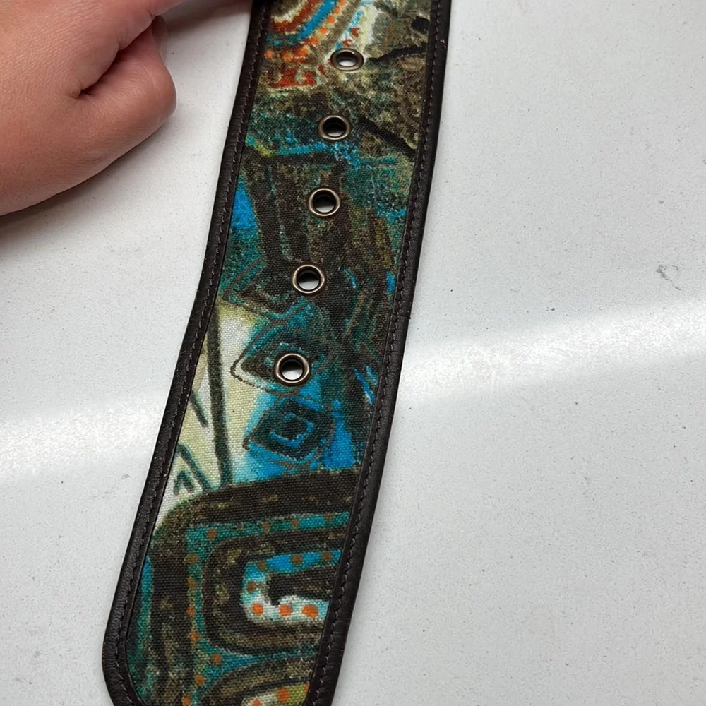 Chicos Faux Leather Trim Fabric Front Belt Round Buckle Teal Abstract Print Sz S